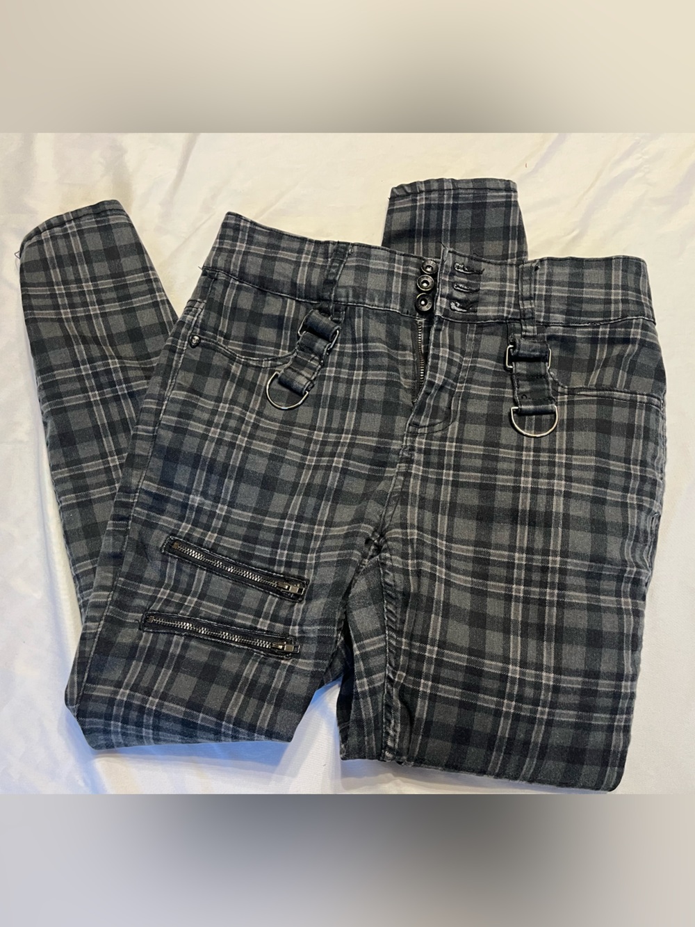 Hot Topic HT Denim Green Gray Black Plaid Hi Rise Super Skinny 9 Jeans Pants